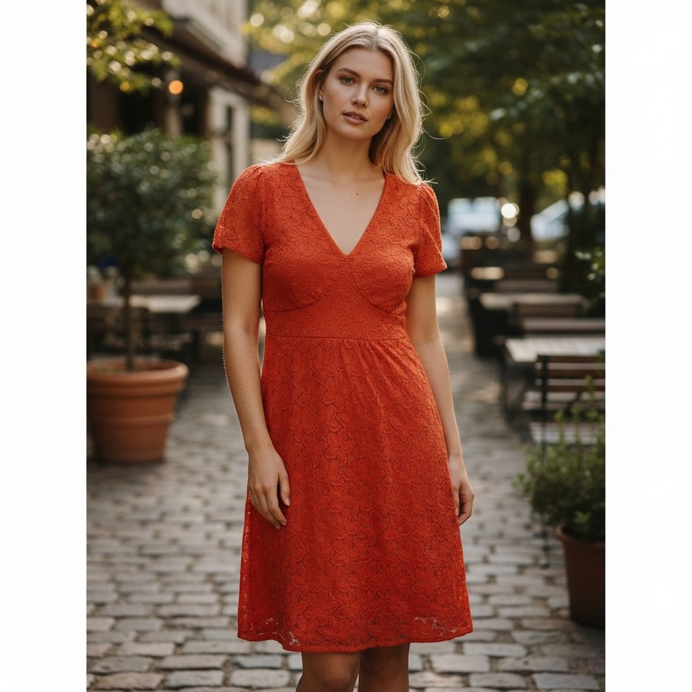 Leifnotes Anthropologie Floral Lace Empire Dress Small Red Orange